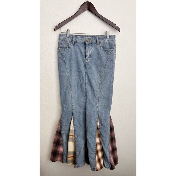 BDG Sasha Raw-Edge Fishtail Maxi Skirt Patchwork Grunge Plaid Flare Panel Small - Picture 4 of 11